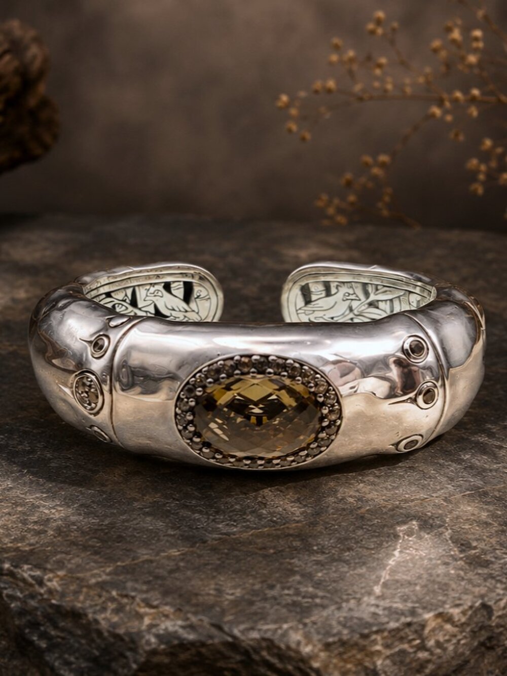 John Hardy Bamboo Smokey Quartz Bangle Cuff